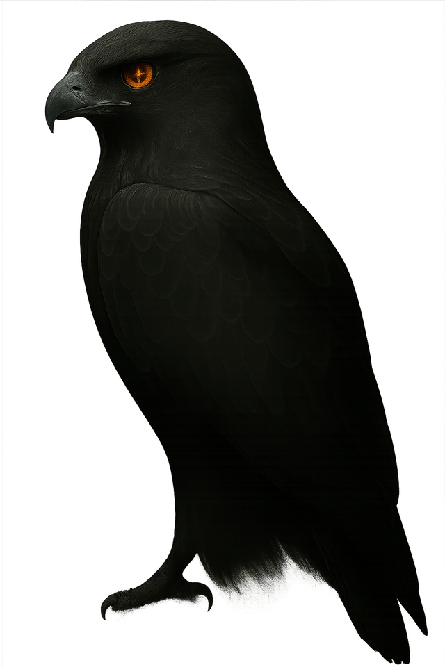 Grey hawk, calm and watchful, with ember-gold eyes - Click to reveal secret